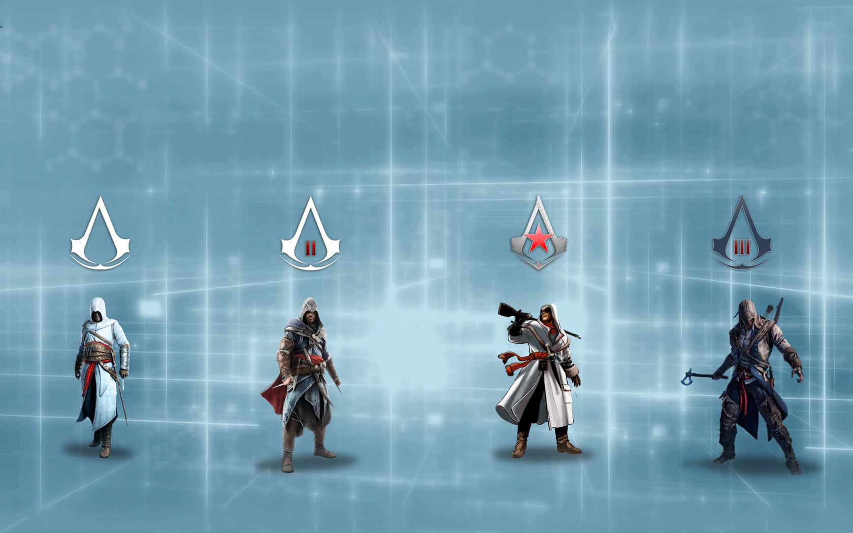 Assassin's Creed Altair 桌布 壁紙 — 四個標誌性的刺客教條角色排成一排，背景是發光的藍色數位網格。