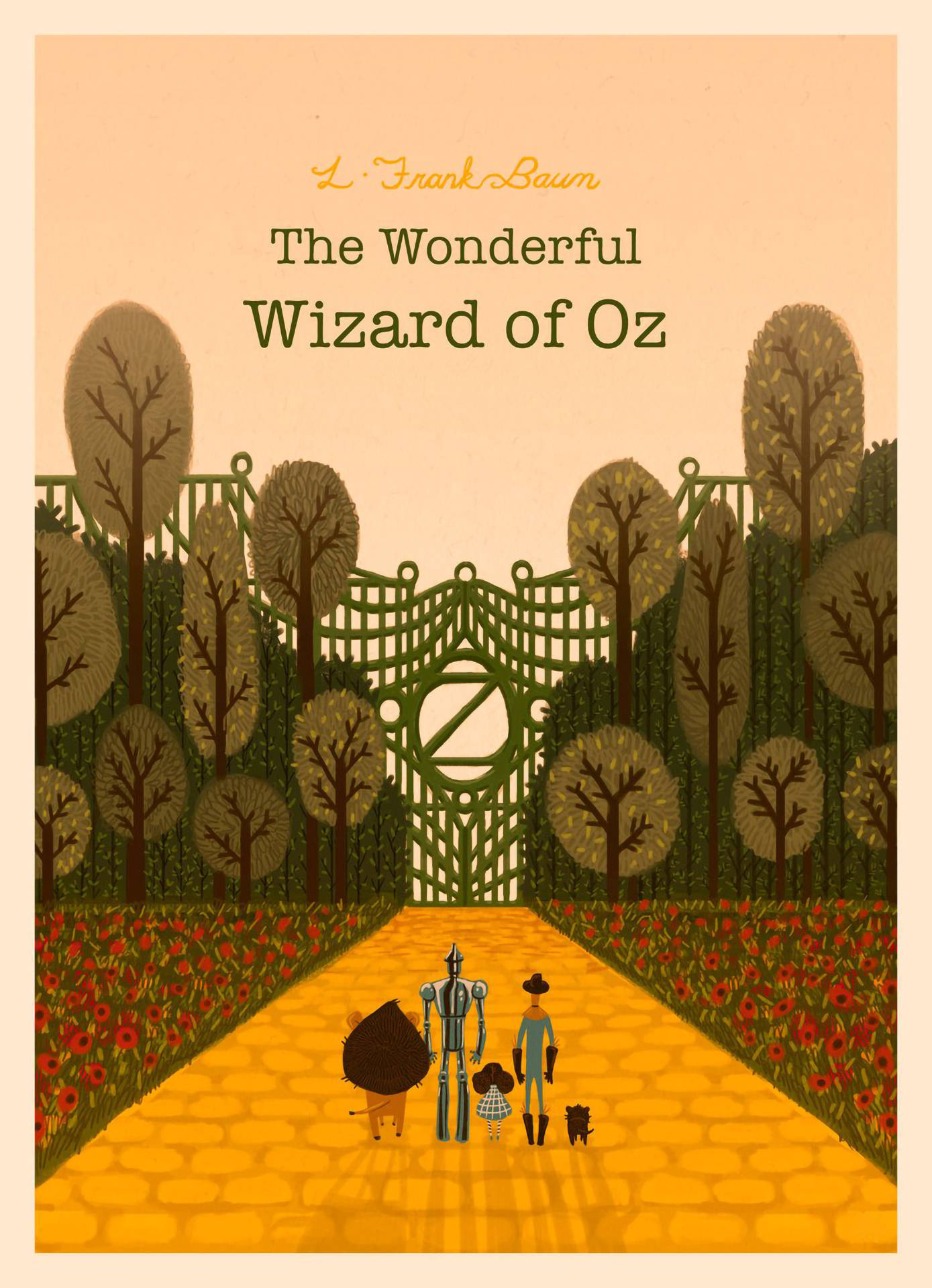 wizard 桌布 壁紙 — 四個標誌性的奧茲角色沿著金色磚路走向一個由樹木和紅花環繞的宏偉綠色大門。
