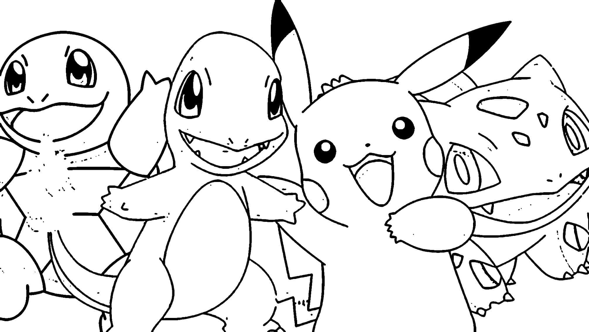 Pokemon Coloring 桌布 壁紙 — 四個標誌性的寶可夢角色以黑白線條勾勒，微笑著一起擺姿勢，形成一個歡樂的群體。