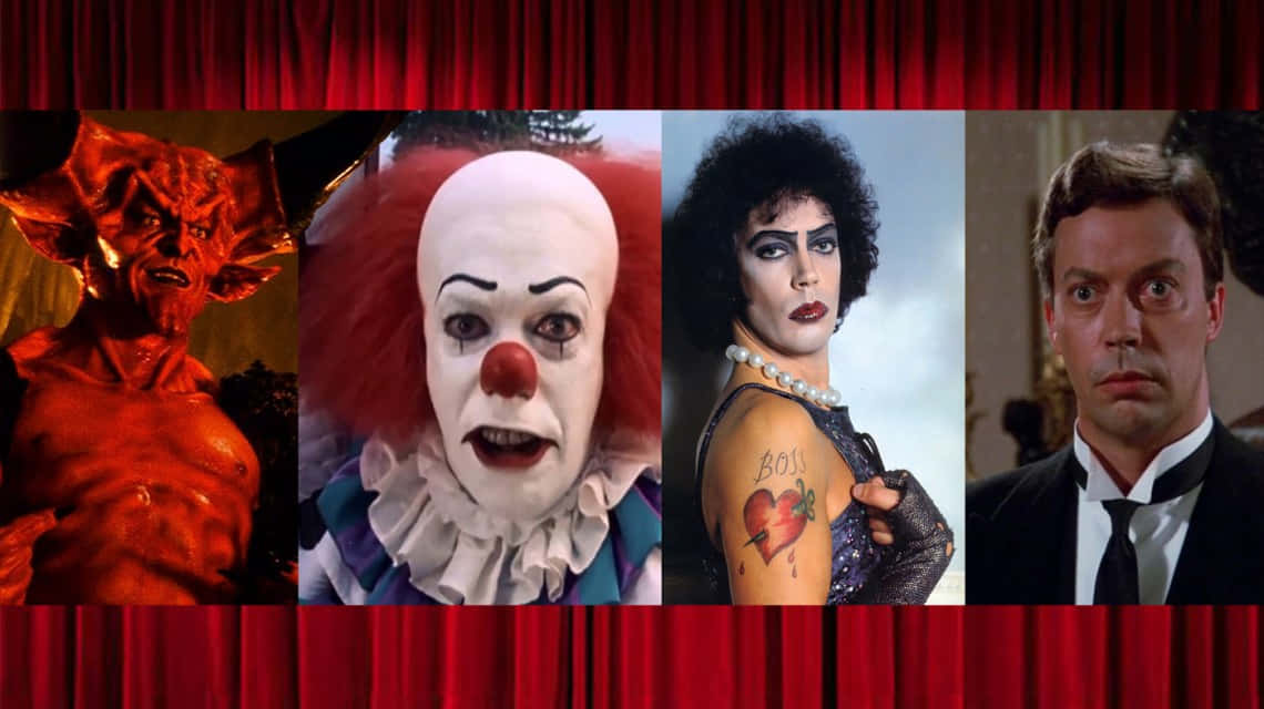 Tim Curry 桌布 壁紙 — 四個標誌性的恐怖和驚悚角色，由紅色劇院幕布框住。