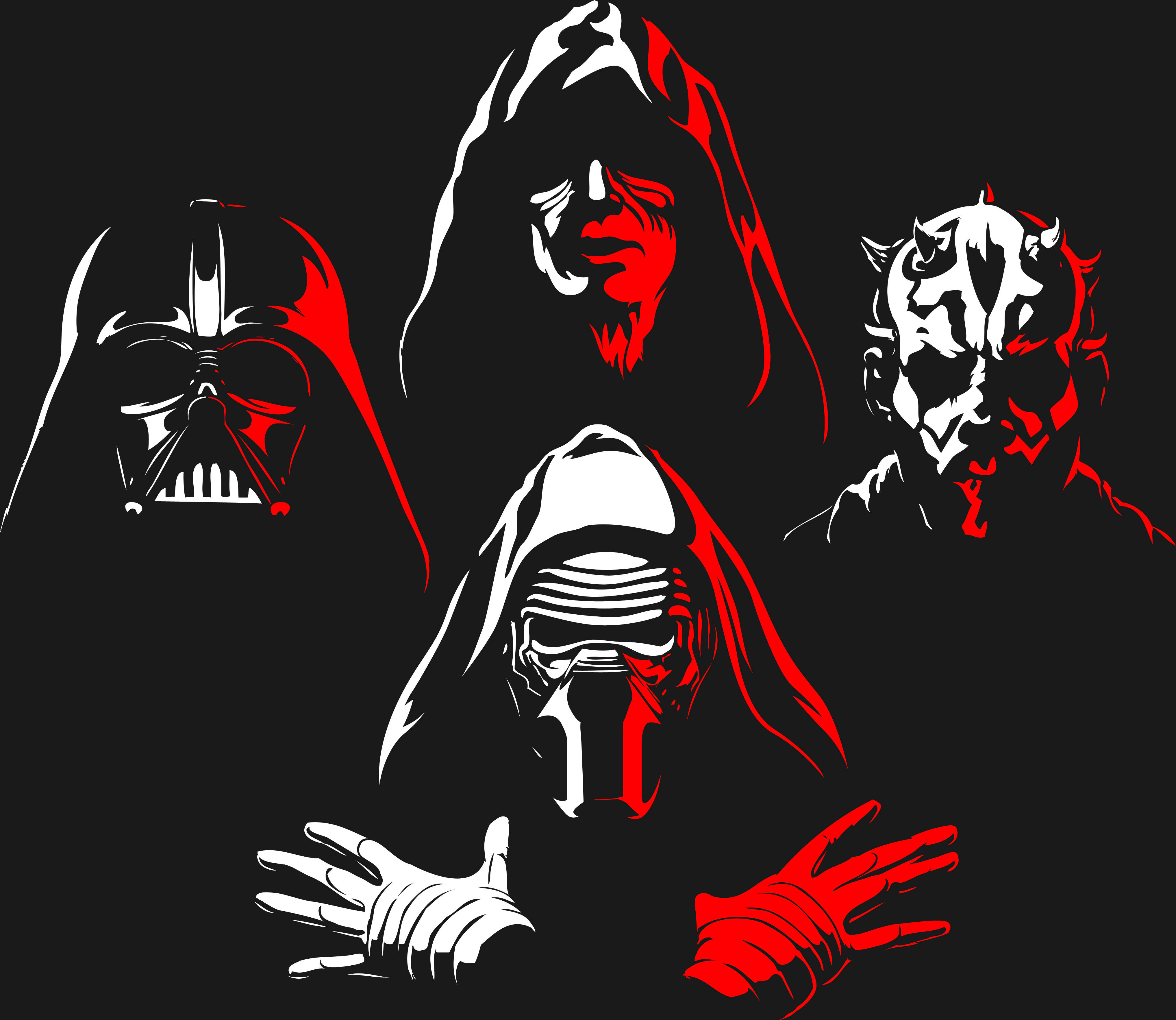 Vader 桌布 壁紙 — 四個標誌性的星際大戰黑暗面角色以鮮明的黑白紅剪影呈現在深色背景上。