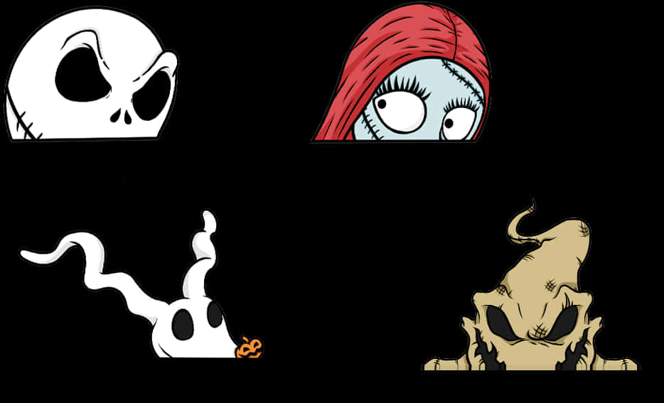 Nightmare Before Christmas Characters 桌布 壁紙 — 四個標誌性的萬聖節角色從黑暗中窺視，臉上縫著線，表情恐怖。
