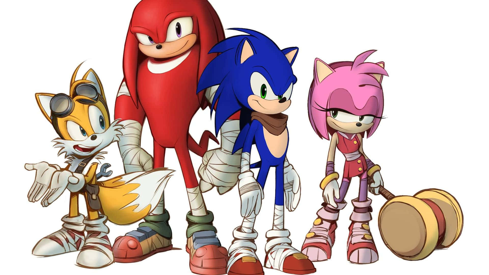 sonic boom 桌布 壁紙 — 四個標誌性的音速小子角色在純白色背景前自信地擺姿勢，展示他們鮮豔的色彩和動態設計。