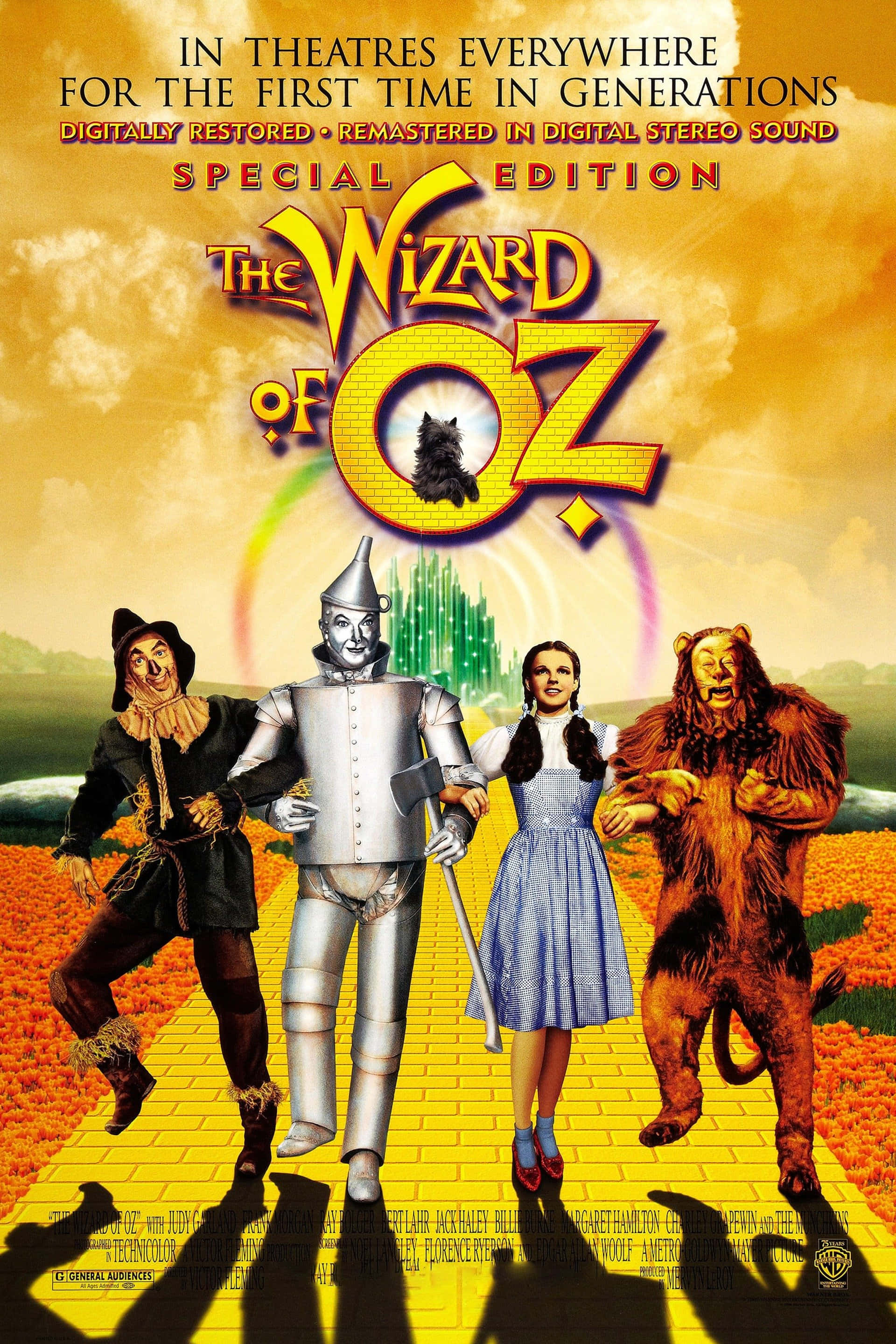 wizard of oz 桌布 壁紙 — 四個標誌性角色在金色天空下沿著黃磚路行走，遠處有彩虹和翡翠城。