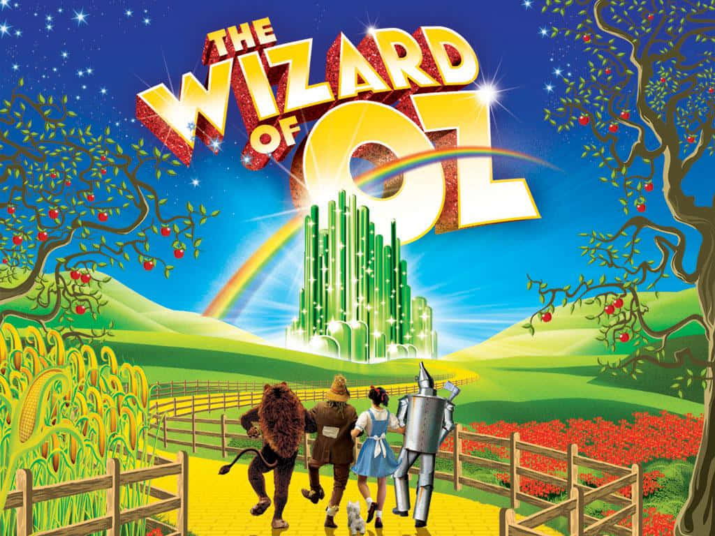 wizard of oz 桌布 壁紙 — 四個標誌性角色沿著黃磚路走向發光的翡翠城，在星空和彩虹下。