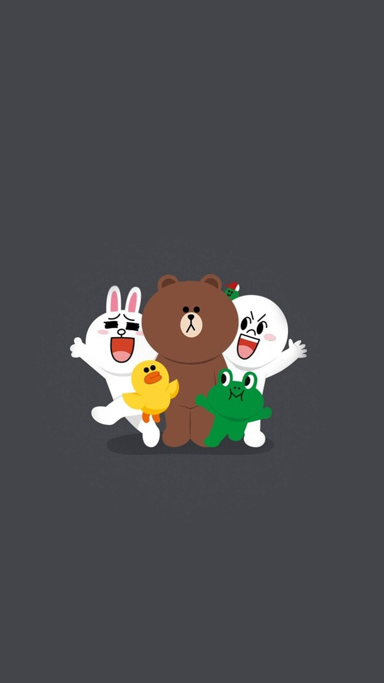 Line 桌布 壁紙 — 四個歡樂的卡通角色，以簡單線條和平面色彩，在深灰色背景上愉快地擺姿勢。