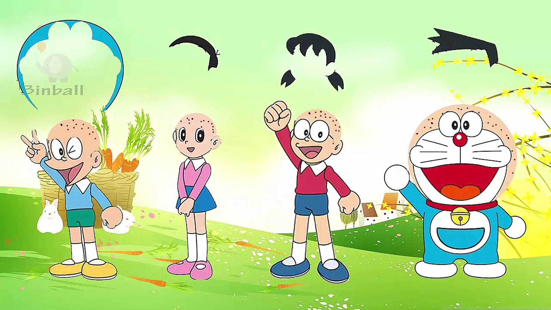 Doraemon 桌布 壁紙 — 四個歡樂的卡通角色，包括哆啦A夢，站在長滿草的山丘上，天空明亮，有漂浮物體和盛開的樹木。