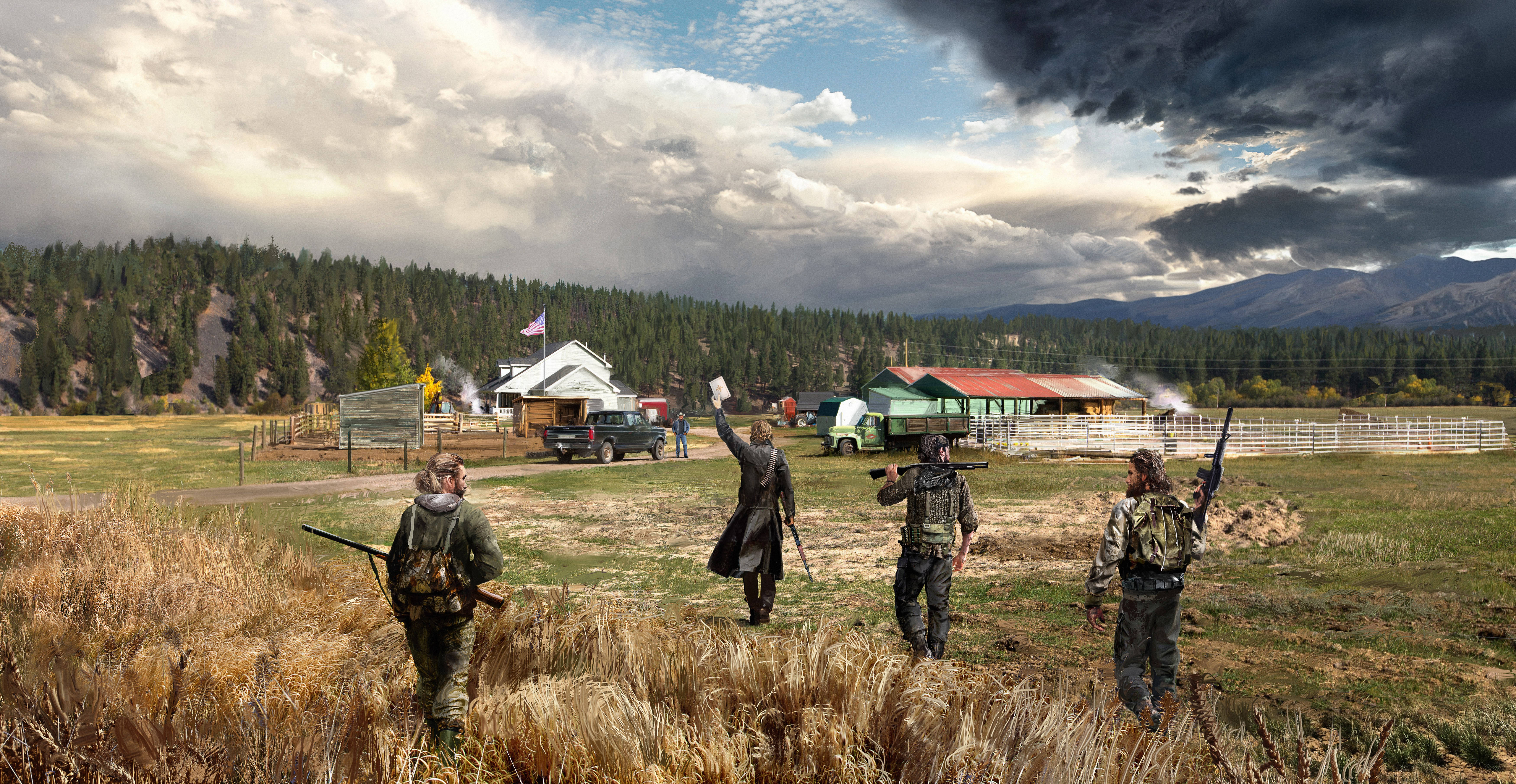 Far Cry 5 桌布 壁紙 — 四個武裝人物在麥田中，在暴風雨的天空下，面對一間農舍，遠處有山。