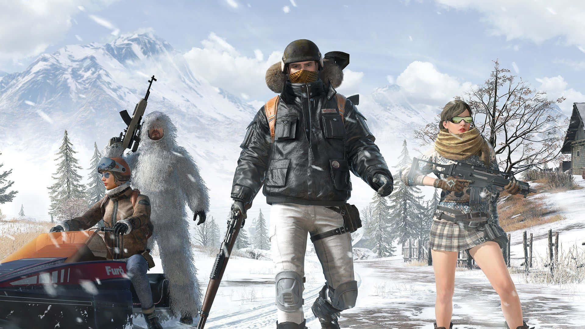 video games 桌布 壁紙 — 四個武裝玩家穿著冬季裝備，站在雪山景觀中，附近有雪地摩托車和雪人。