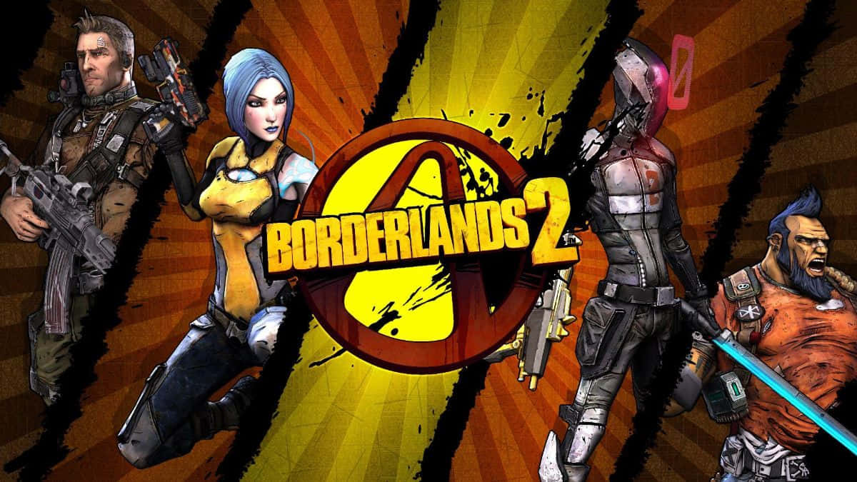 Borderlands Characters 桌布 壁紙 — 四個武裝的邊緣禁地2角色在帶有鮮明黃色和橙色光線的太陽爆發背景前動態擺姿勢。