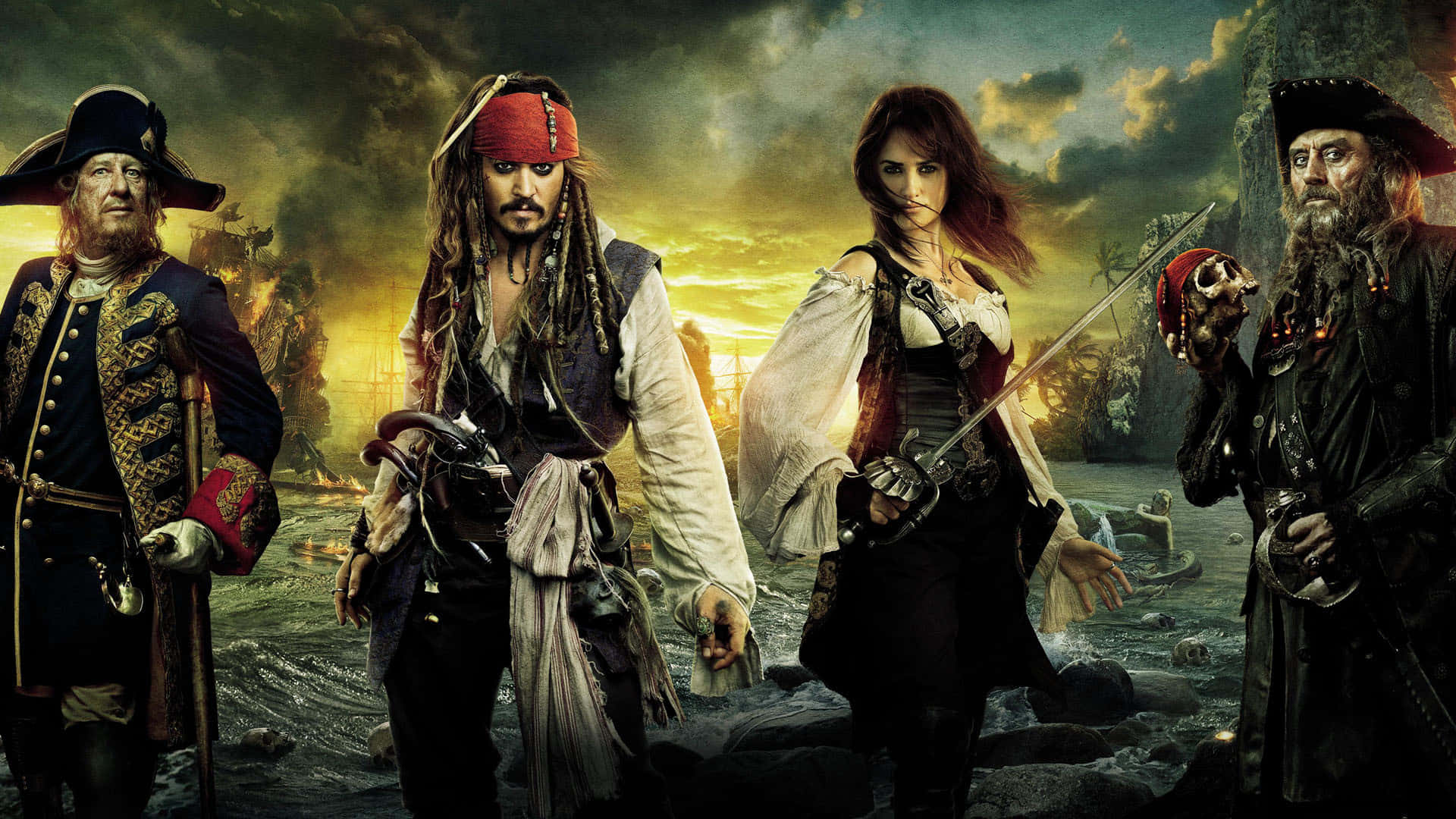 Pirates Of The Caribbean 桌布 壁紙 — 四個海盜在日落時分的暴風雨海灘上挑釁地站立，身後有船隻和廢墟。