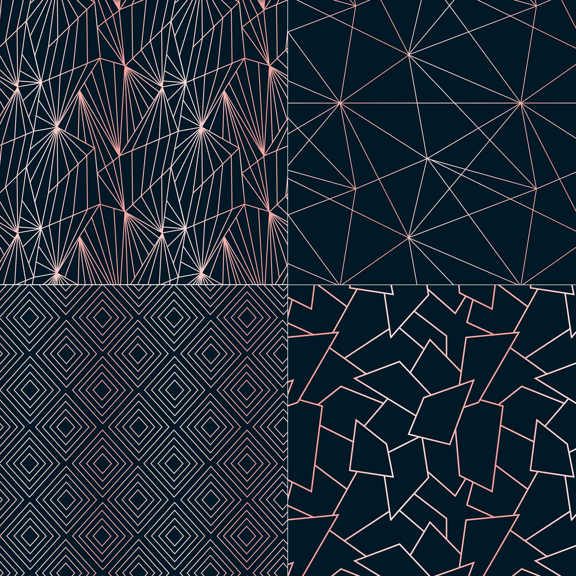 Geometric Pattern 桌布 壁紙 — 四個深藍色幾何圖案面板，帶有發光的粉紅色線條，形成放射狀星爆、鑽石和抽象碎片。