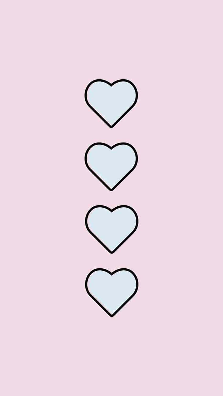 Cute Hearts 桌布 壁紙 — 四個淺藍色輪廓心形垂直排列在柔和的粉紅色背景上。