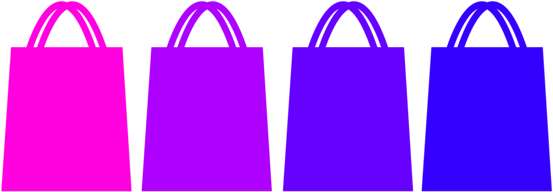 Shopping 桌布 壁紙 — 四個漸層購物袋，分別呈現粉紅、紫色和藍色調，並排立在黑色背景前。