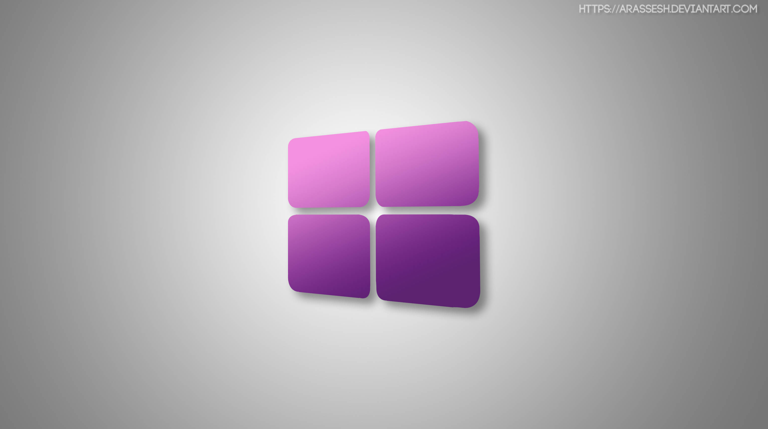 Windows 10 高畫質 桌布 壁紙 — 四個漸變紫色正方形排列成窗戶標誌，背景為柔和灰色。