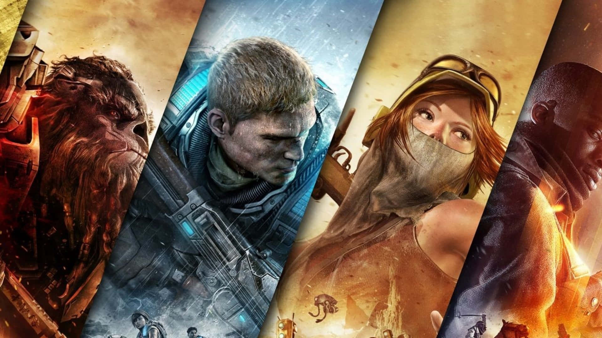1920x1080 Gears Of War 5 桌布 壁紙 — 四個激烈的遊戲角色在熾熱和冰冷的環境中以戲劇性的姿勢出現。