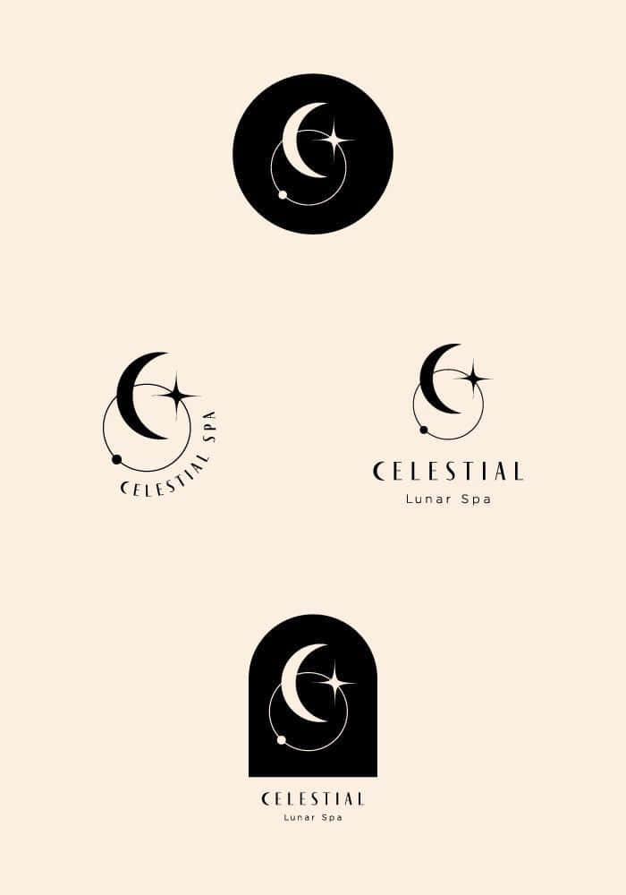 Minimalist Logo 桌布 壁紙 — 四個為 Celestial Lunar Spa 設計的極簡黑奶油色標誌，包含新月和星星，置於圓形或拱形框架中。