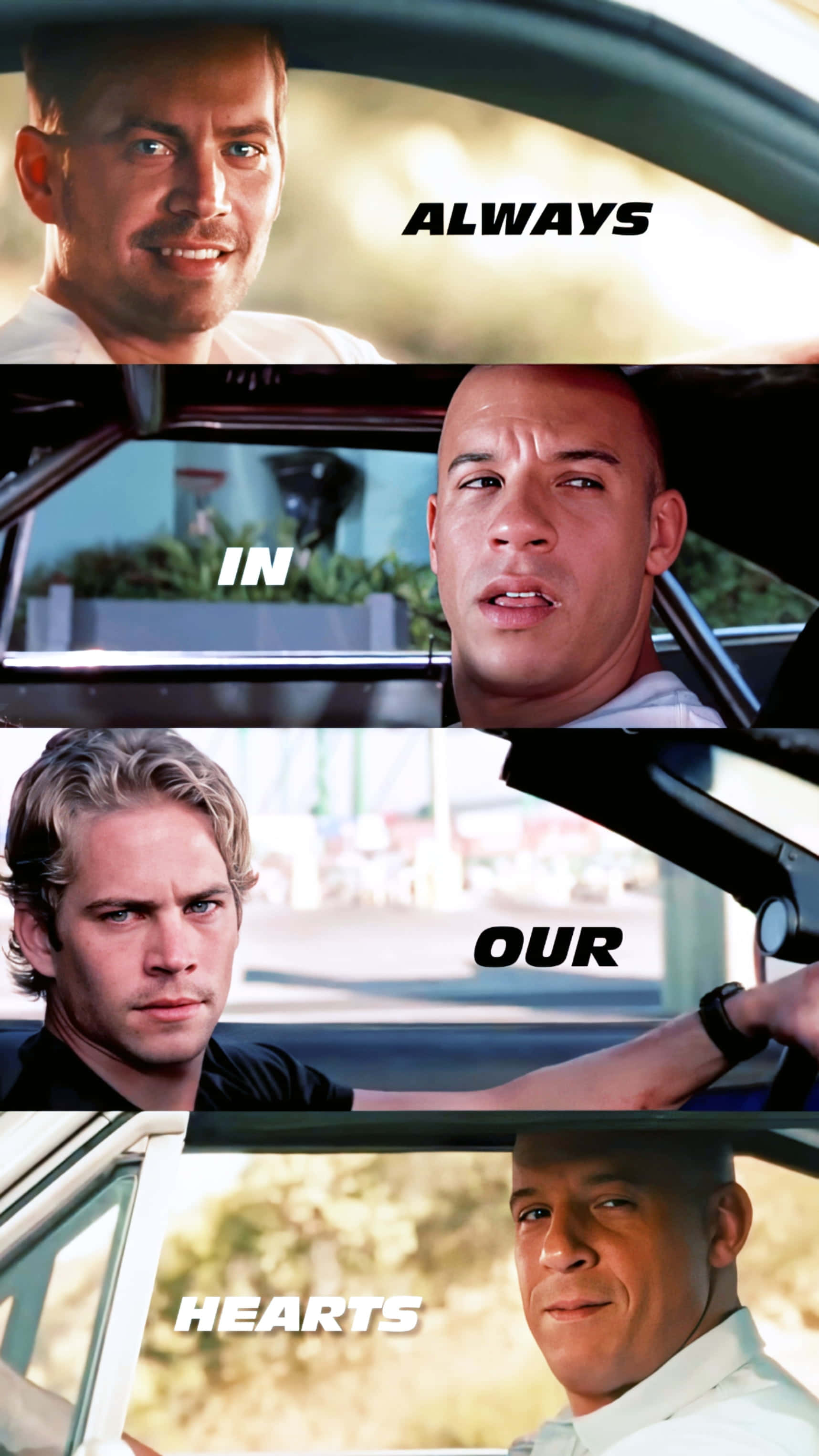 Fast And Furious 桌布 壁紙 — 四個男人在車內，帶有粗體白色文字覆蓋層，寫著「ALWAYS IN OUR HEARTS」。