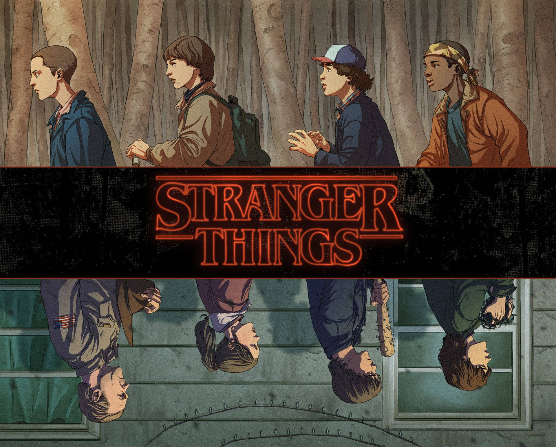Stranger Things 3 桌布 壁紙 — 四個男孩穿過森林，Stranger Things 標誌在他們之間和下方的倒影中發光。