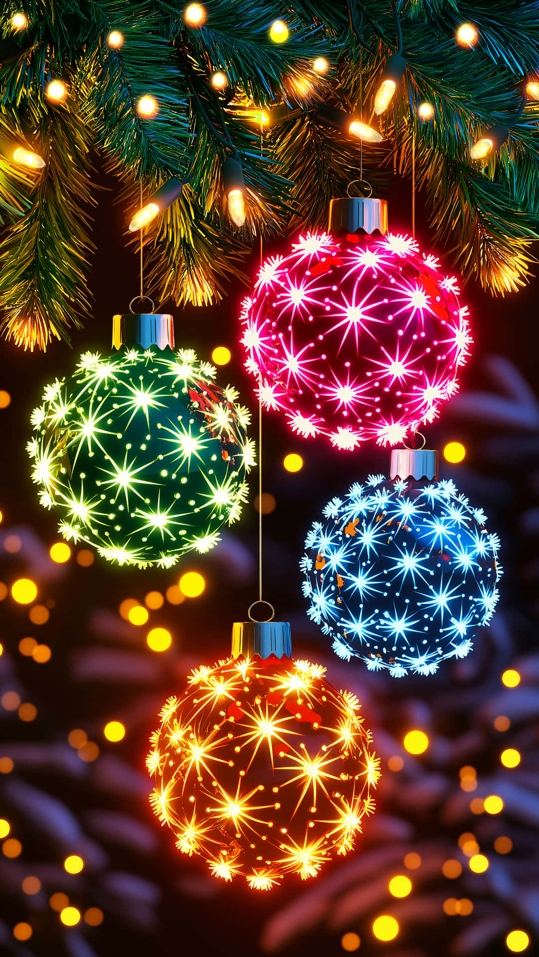 Christmas Wallpapers 壁紙 — 四個發光的 LED 聖誕裝飾，紅色、綠色、藍色和金色，掛在松樹枝上，伴隨著溫暖的仙女燈。