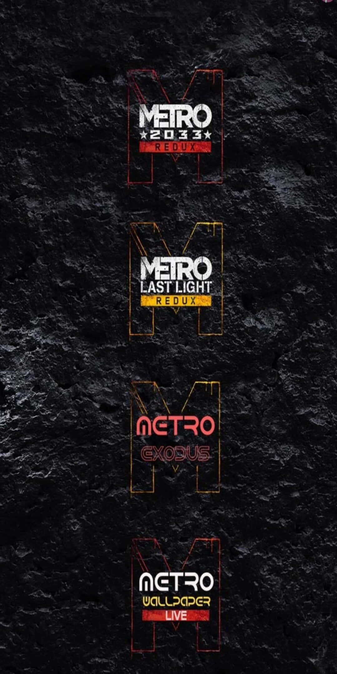 電玩遊戲 桌布 壁紙 — 四個發光的 Metro 遊戲標誌垂直堆疊在深色紋理背景上。