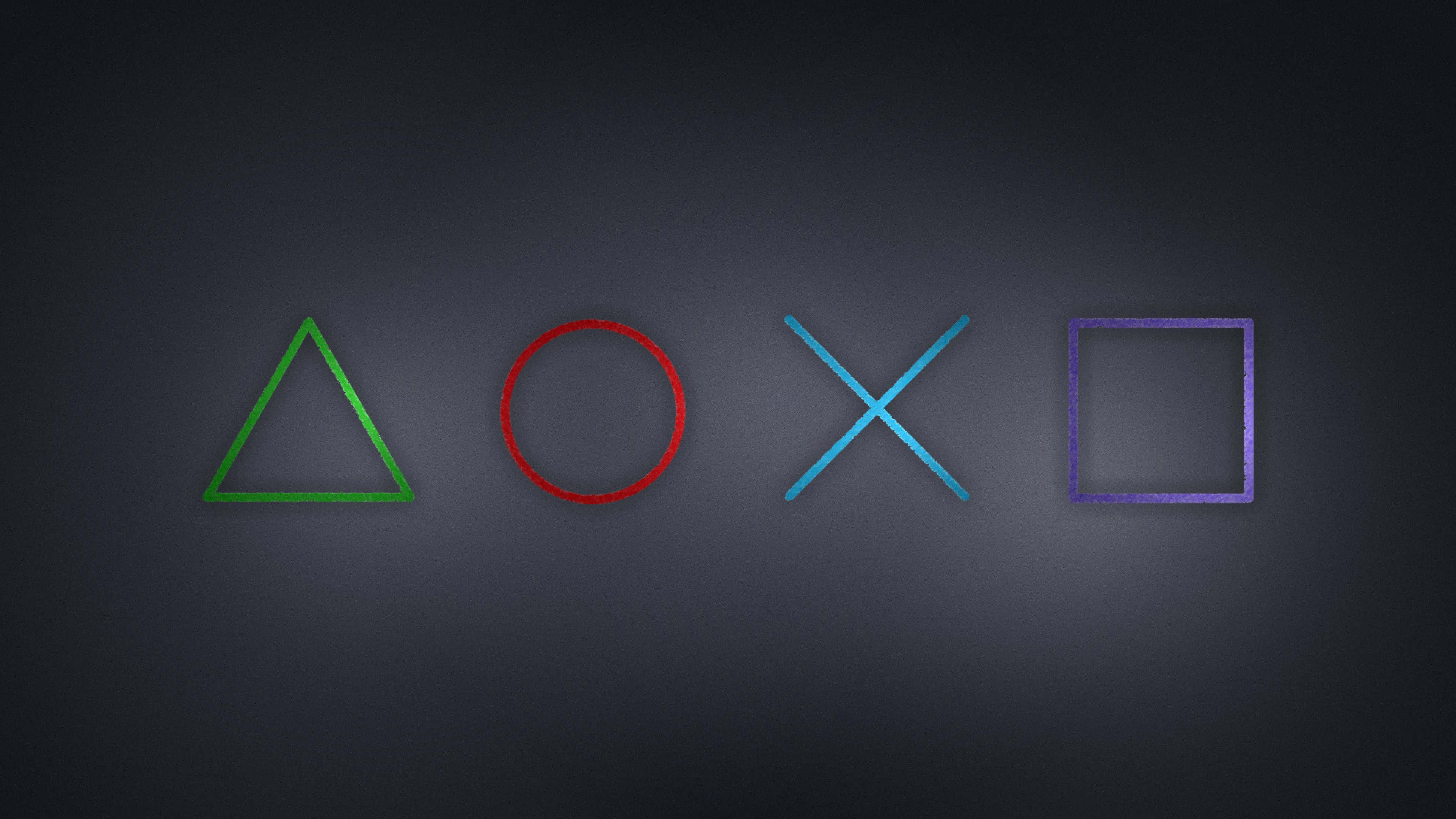 彩色動圖 桌布 壁紙 — 四個發光的PlayStation控制器按鈕三角形、圓形、交叉、正方形漂浮在深色漸變背景上。