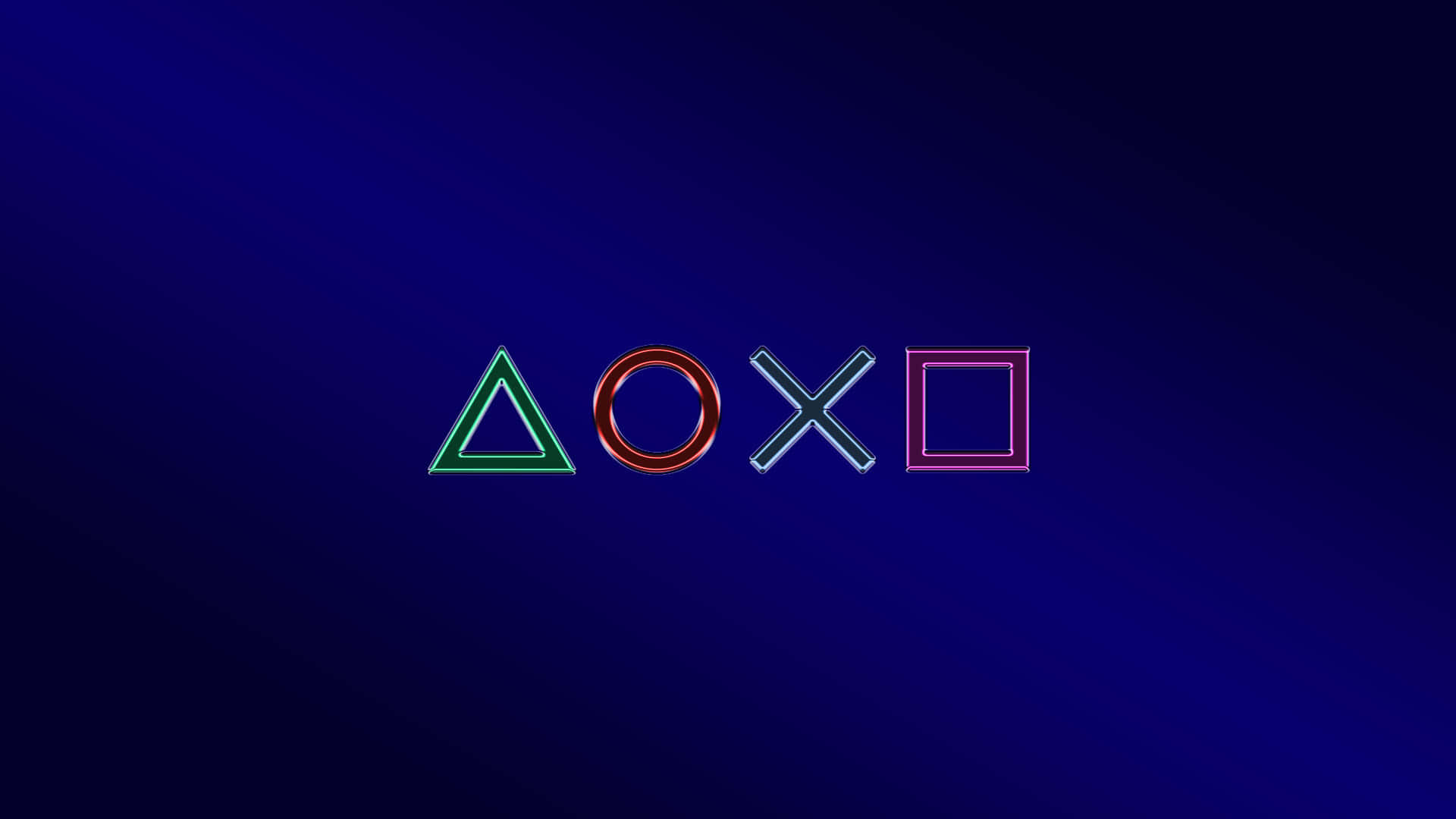 PlayStation 桌布 壁紙 — 四個發光的PlayStation控制器標誌漂浮在深藍色漸變背景上。