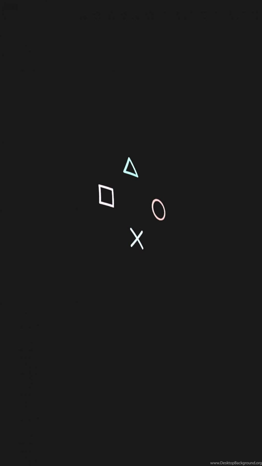 PlayStation 桌布 壁紙 — 四個發光的PlayStation控制器按鈕漂浮在深黑色背景上。