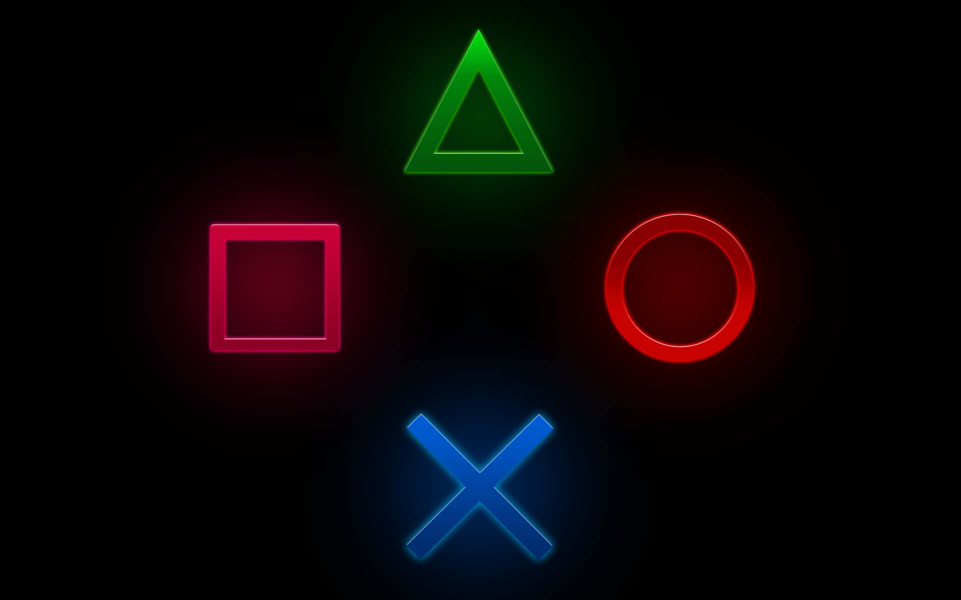 PlayStation 桌布 壁紙 — 四個發光的PlayStation控制器符號在漆黑的背景下散發出霓虹燈光。