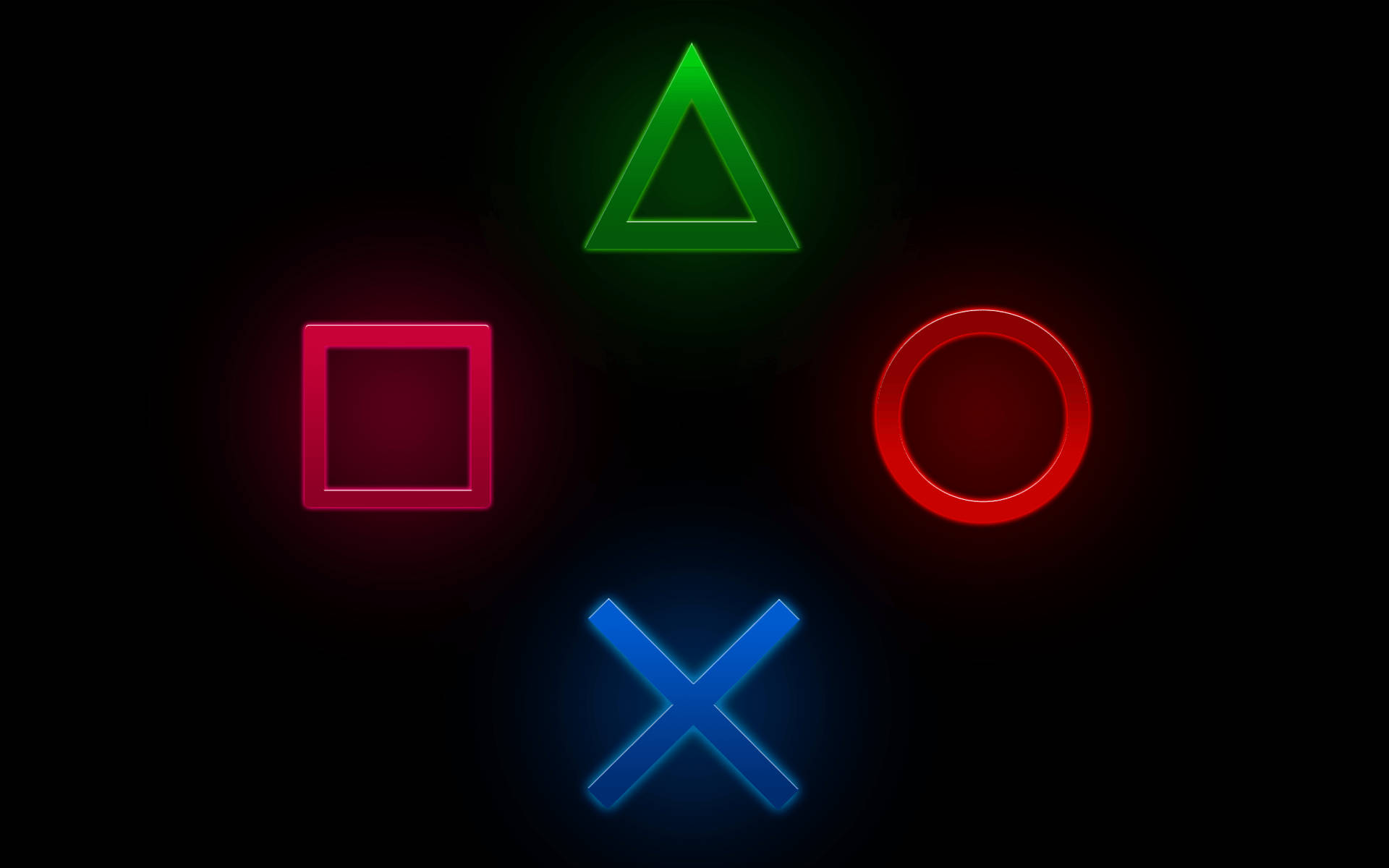 PlayStation 桌布 壁紙 — 四個發光的PlayStation控制器符號在漆黑背景上散發出霓虹光芒。