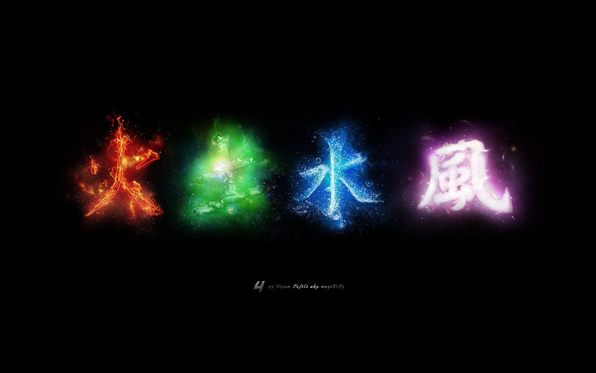 element 桌布 壁紙 — 四個發光的元素漢字火地水風在黑色虛空中散發出充滿活力的能量。