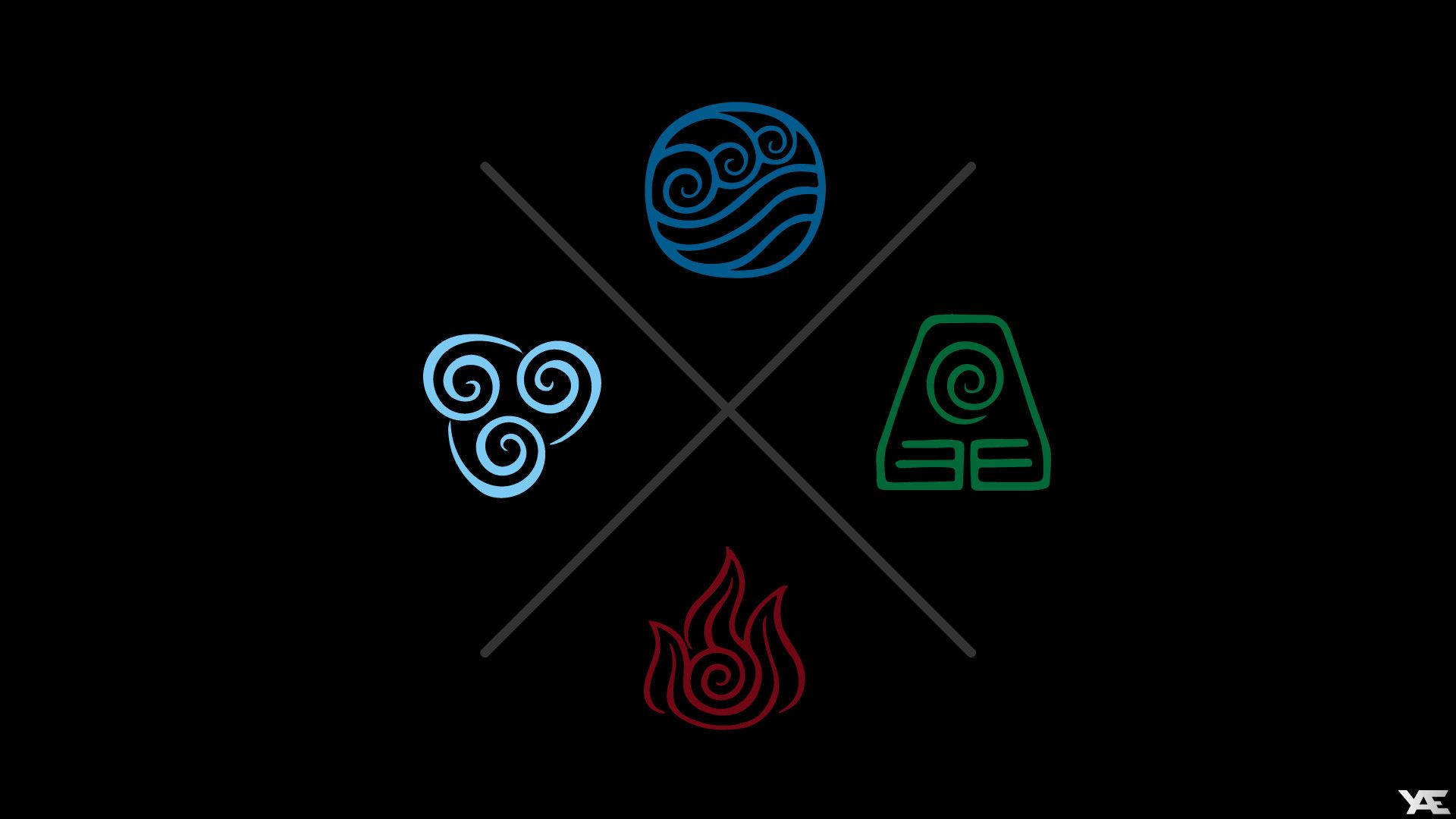 element 桌布 壁紙 — 四個發光的元素符號，分別為藍色、綠色和紅色，在黑色背景上排列成十字形。
