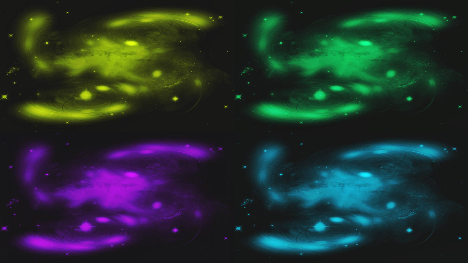 Space Pc 桌布 壁紙 — 四個發光的星雲，呈現鮮豔的綠色、紫色和藍色漩渦，背景是繁星點點的黑色宇宙。
