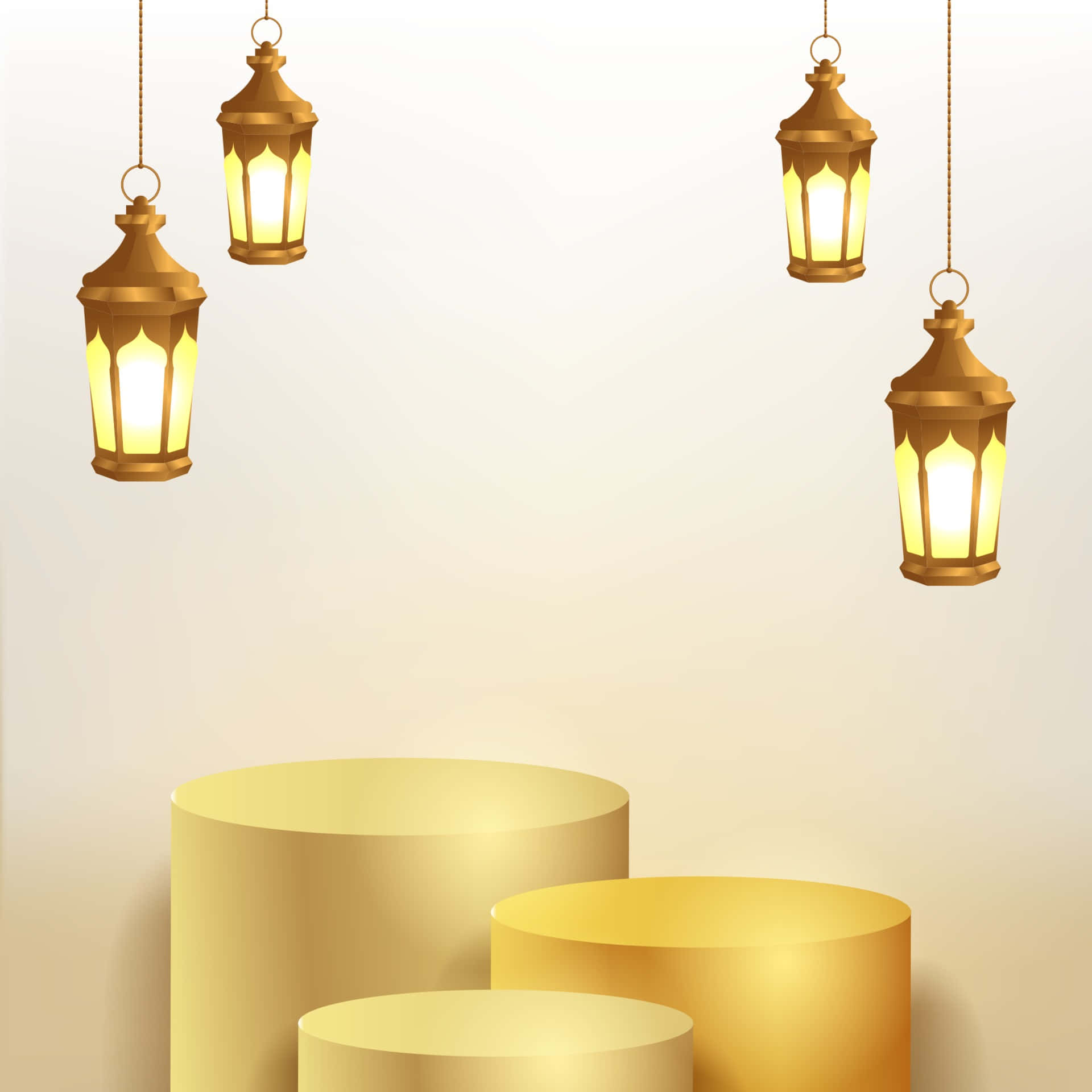 Lantern 桌布 壁紙 — 四個發光的金色燈籠懸掛在分層講台上方，營造出溫暖簡約的場景。