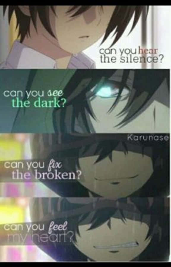 Sad Anime Quotes 桌布 壁紙 — 四個發光眼睛的動漫角色，帶有提出情感問題的文字疊加，形成分層構圖。