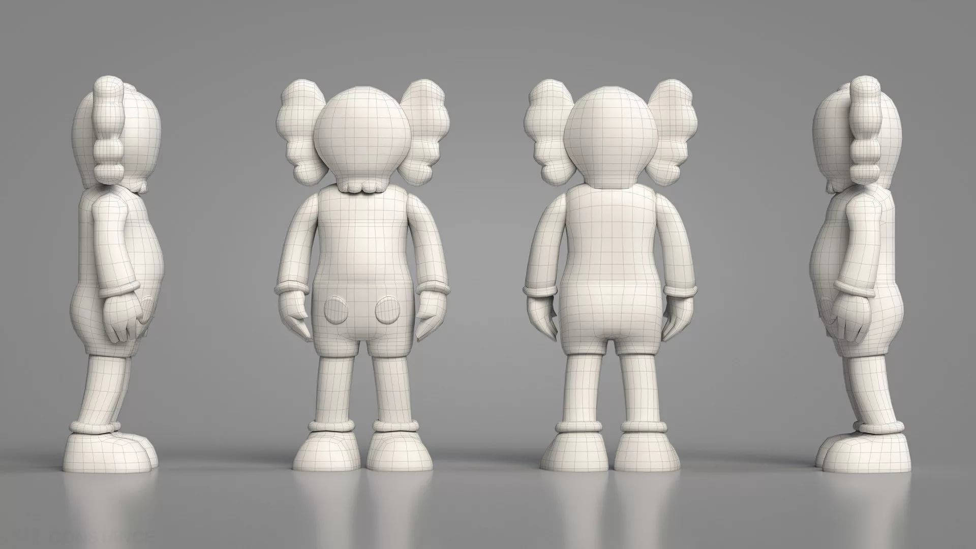 kaws pc 桌布 壁紙 — 四個白色3D渲染的KAWS公仔，從不同角度展示，背景為灰色。
