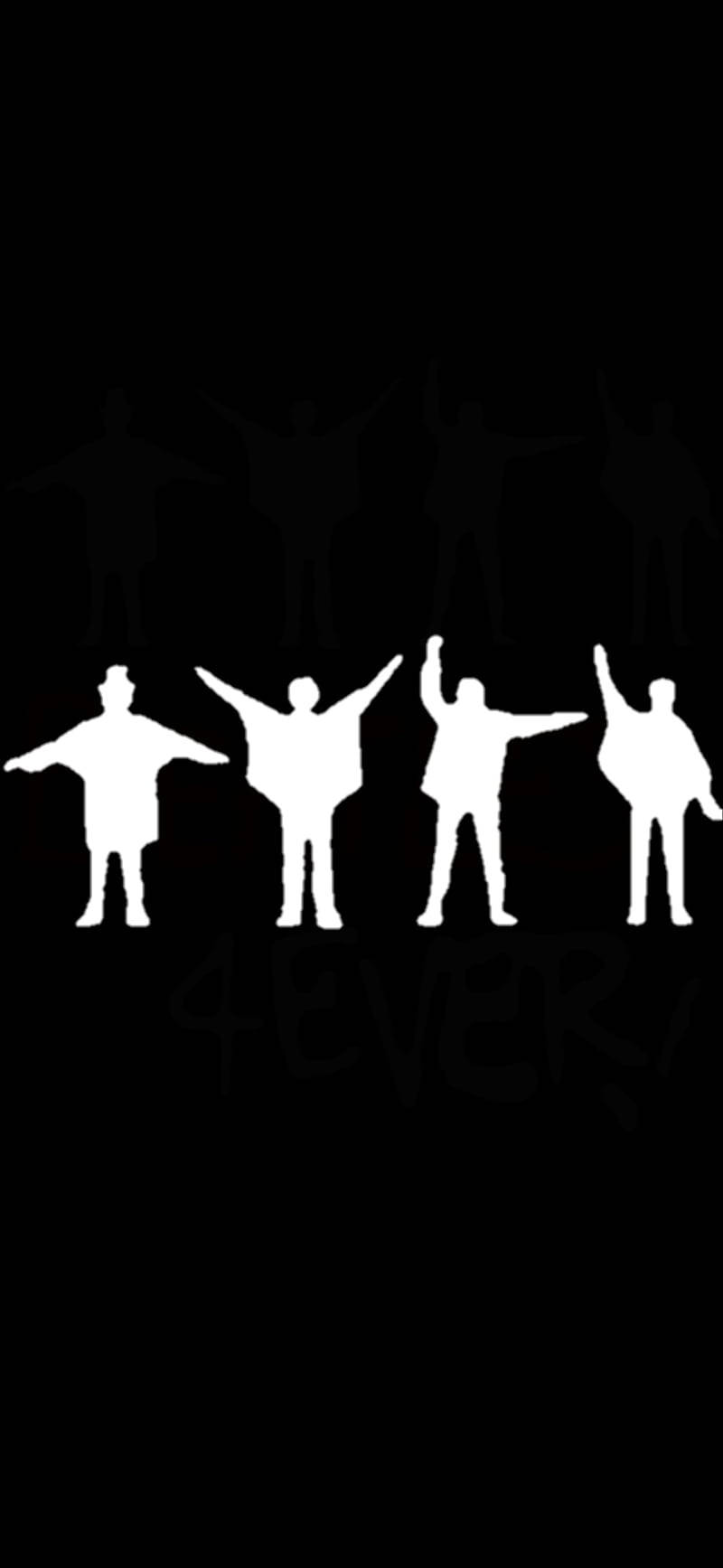the beatles 桌布 壁紙 — 四個白色剪影人物以慶祝姿勢站立在黑色背景前，上方有較淡的重複形狀。