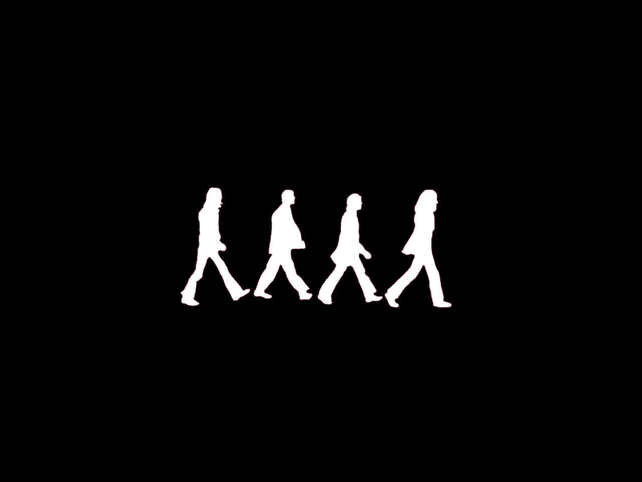 the beatles 桌布 壁紙 — 四個白色剪影人物排成一列，走過純黑背景。