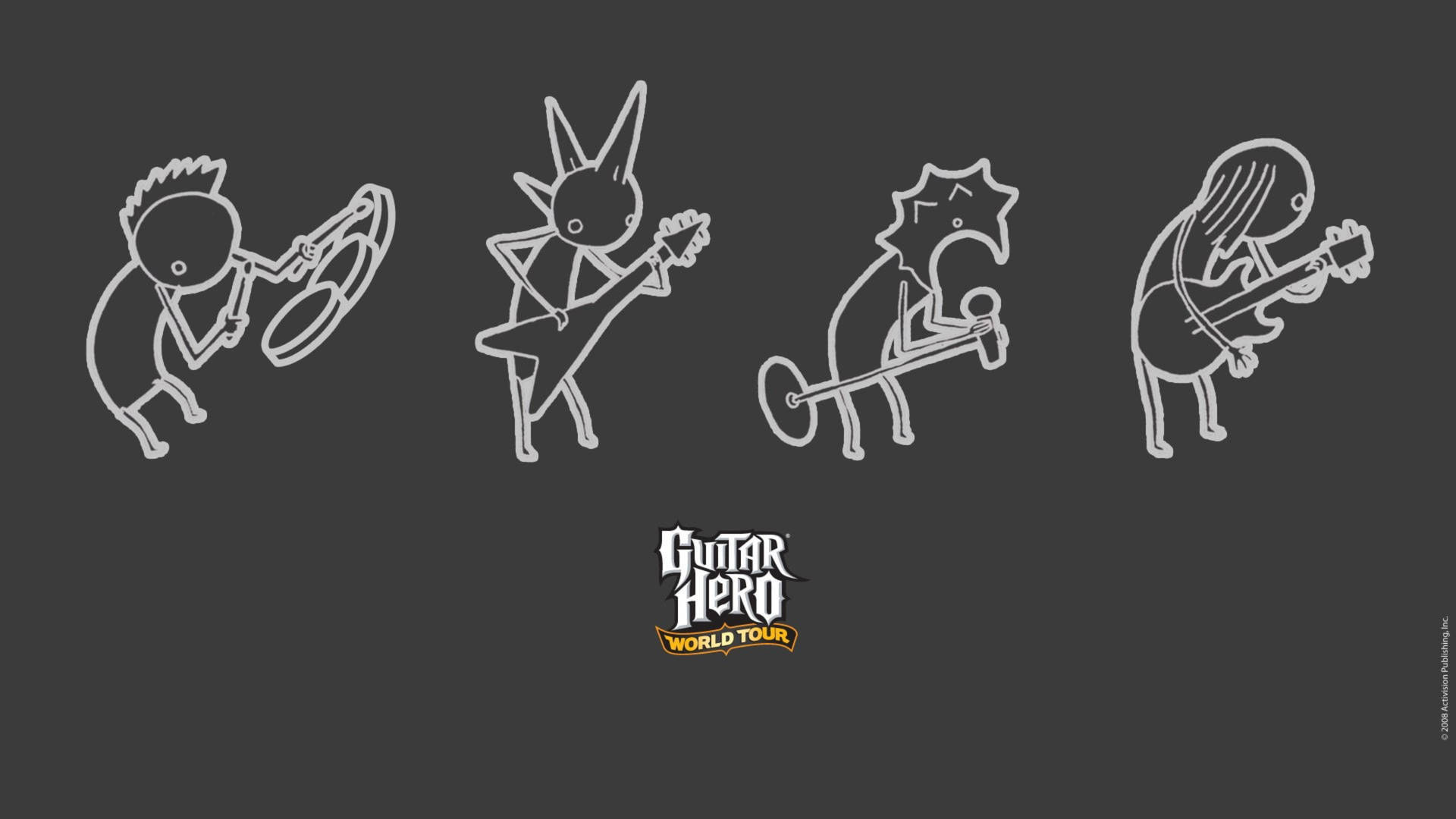 四個火柴人在 Guitar Hero World Tour 遊戲藝術中演奏樂器。 — 吉他英雄 壁紙