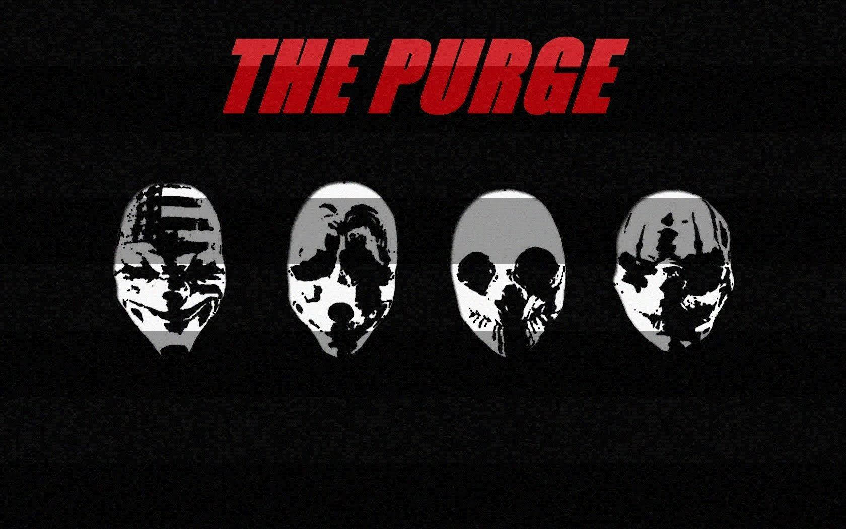 Purge 桌布 壁紙 — 四個白色面具臉孔在黑色背景上發光，下方有粗體紅色文字寫著「THE PURGE」。