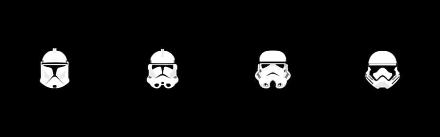 Minimalist Dual Monitor 桌布 壁紙 — 四個白色風格化的星際大戰角色頭盔排成一排，背景為黑色。