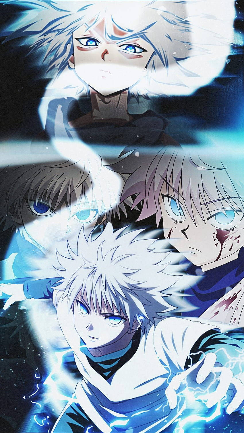Cool Killua 桌布 壁紙 — 四個白髮藍眼的動漫角色在黑暗的宇宙背景下閃爍著電能光芒。