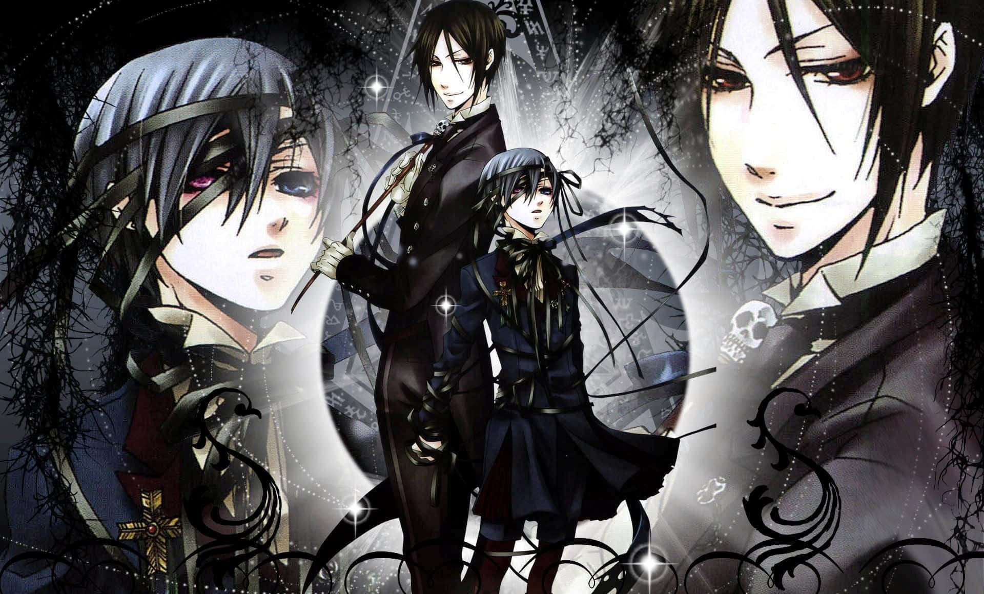 Black Butler 桌布 壁紙 — 四個皮膚蒼白、黑髮的動漫角色站在一個哥德式華麗的場景中，周圍有旋轉的黑色藤蔓和發光的閃爍物。