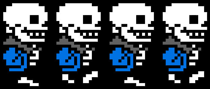 Undertale 桌布 壁紙 — 四個相同的像素化白色骷髏，身穿藍色襯衫，在黑色背景上齊步前進。