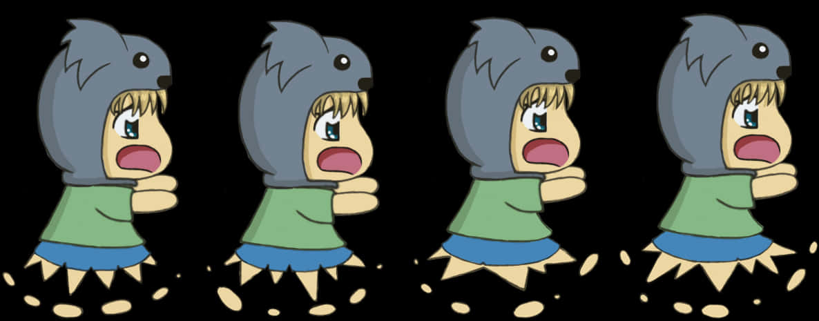 Anime Chibi 桌布 壁紙 — 四個相同的卡通角色戴著狼帽，睜大眼睛、張開嘴巴，在黑色背景前一排奔跑。