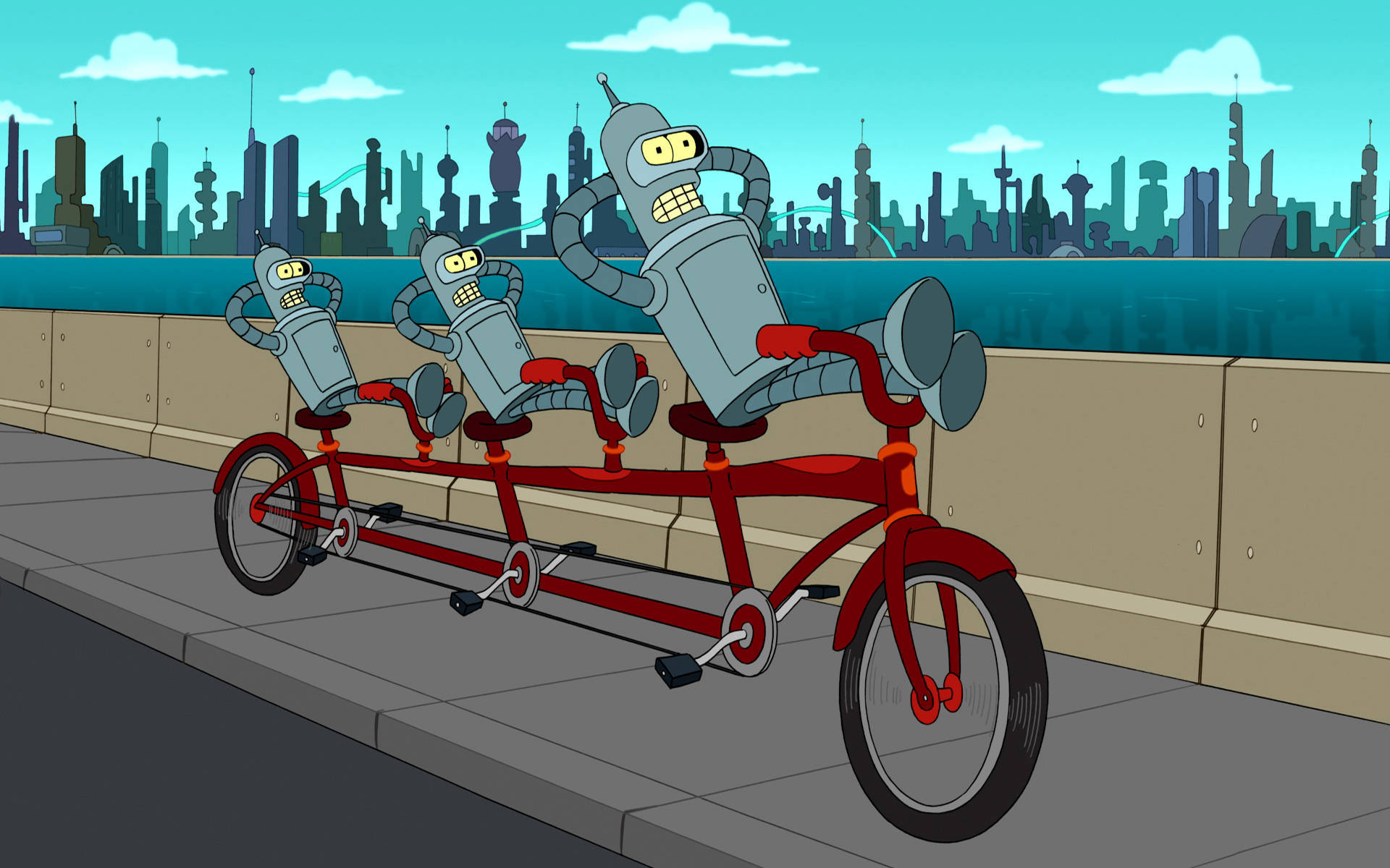 Bender 桌布 壁紙 — 四個相同的機器人在城市橋上踩著一輛紅色雙人腳踏車，背景是未來感的天際線。