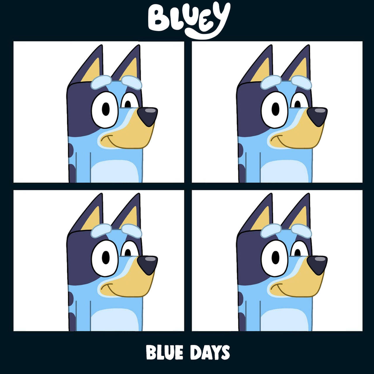 藍色卡通狗 Bluey 在四個相同的面板中帶有得意的表情。 — 藍色小腳印 壁紙