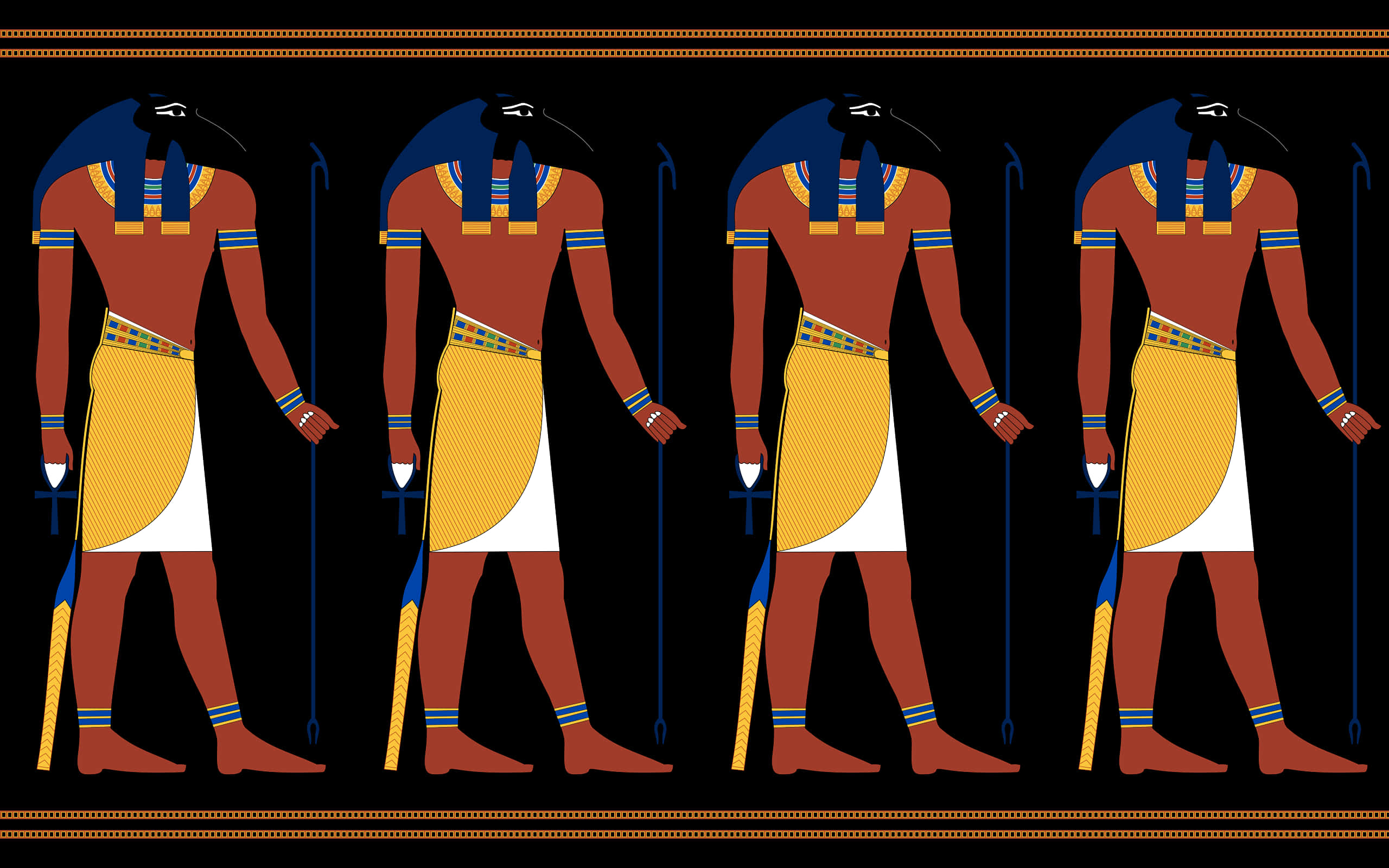 egyptian 桌布 壁紙 — 四個相同的風格化埃及神祇，擁有朱鷺頭和交叉的權杖，排成一排站在黑色背景前。