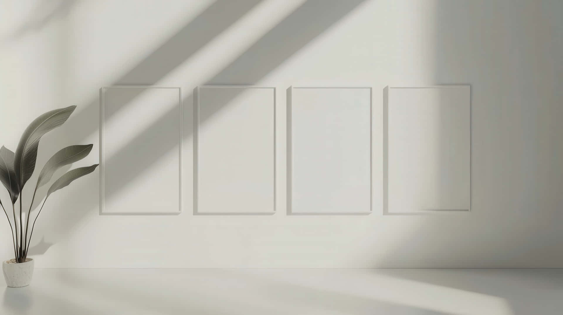 Minimalist Modern Interior with Empty White Frames, Soft Light, and Green Plant 壁紙 — 四個空白相框掛在白色牆上，牆上灑滿斜陽，附近有一盆植物。