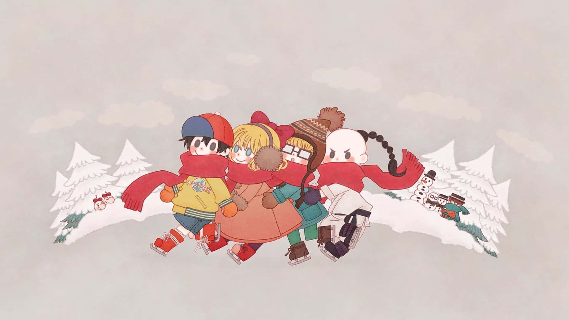 地球冒險 桌布 壁紙 — 四個穿得暖和的動畫小孩在雪地上快樂地溜冰，背景有被雪覆蓋的樹木和一個雪人。